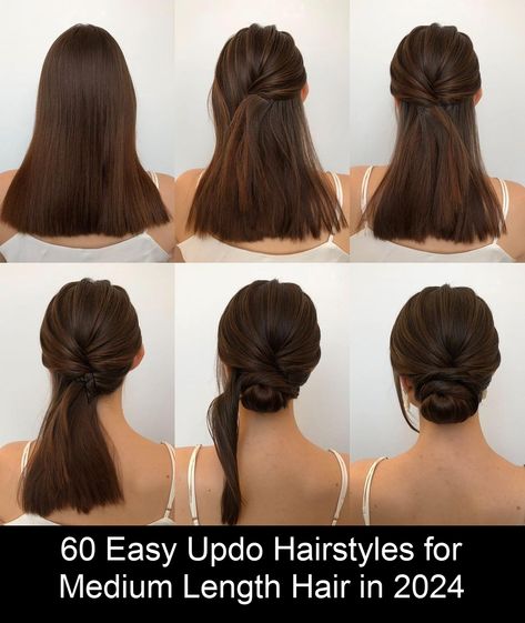 Discover easy and cute updos for medium hair, appropriate for everyday casual looks and any formal event - buns, knots, braided updos, tucked in hairdos and much more. Semiformal Hair Updo, Everyday Updos For Medium Hair, Formal Hairstyles For Medium Length Hair, Everyday Updos, Cute Updos For Medium Hair, Cute Updos, Semi Formal Hairstyles, Braided Updos, Easy Updo