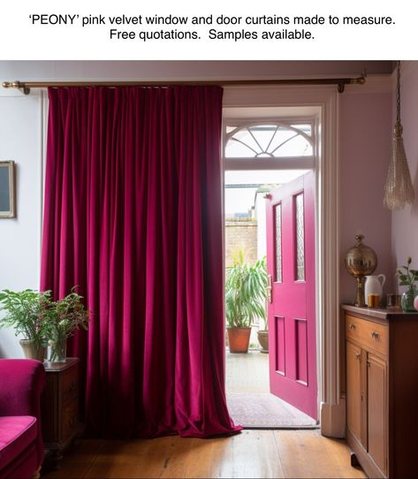 SAMPLE MTM VELVET DOOR CURTAIN. PINK RED PURPLE BURGUNDY AUBERGINE PENCIL EYELET Red Curtains Living Room, Maroon Curtains, Bespoke Curtains, Red Velvet Curtains, Curtain Drawing, Purple Curtains, Purple Door, Purple Burgundy, Double Curtains