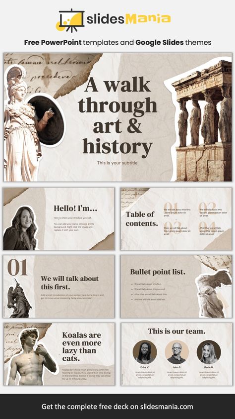 A walk through art & history free scrapbook presentation template for pp… | Presentation slides design, Powerpoint presentation design, Presentation design template History Google Slides, Vintage Presentation Design, History Ppt Template, History Presentation Design, Art History Presentation, Scrapbook Presentation, About Me Presentation, History Scrapbook, History Presentation