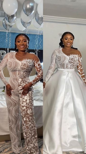 Africa's Top Wedding Website on Instagram: "That 2-in-1 dress is giving everything it’s supposed to give 🔥😍 Bride @angiesweetie of @angiesbitesandcocktails 2-in-1 jumpsuit/ wedding dress @deebestlabels Makeup @z.e.c.k Hairstylist @tees_hairmpire Photography @swale_photography Planner @deuseratos Hair accessories @brideandmaidsfactory #BellaNaijaWeddings www.bellanaijaweddings.com" Bride Jumpsuit Wedding Receptions, 2 In 1 Wedding Dress Jumpsuit, Reception Jumpsuit Brides, Wedding Reception Jumpsuit For Bride, Bridal Jumpsuit The Bride, Wedding Jumpsuit The Bride, Reception Jumpsuit, Ball Wedding Dress, Jumpsuit Wedding Dress