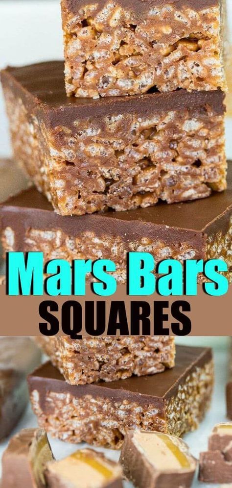 Mars Bars Squares are a classic treat that is always a hit! Melted Mars Bars, ( or if you are in the USA, use Three Musketeers or any nougat bars that are like it) combined with butter and rice Krispies make the easiest and most delicious bar ever! Mars Bar Squares, Mars Bars, Dessert Squares, Square Recipes, Cookie Bar Recipes, Köstliche Desserts, Christmas Cooking, Baking Sweets, Best Dessert Recipes