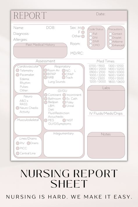 Our med surg nursing report sheet will set you up for success when giving and receiving report. Including a full head-to-toe assessment, code status, precautions, labs, IVF, med schedule, PMH and more, this nursing template is the ideal sbar report sheet for your nursing shift or for nursing clinical as apart of your nursing student notes. Available in 7 colors, check us out! Handoff Report Nursing, Shift Report Template Nurse, Clinical Paperwork Nursing, Nursing Flow Sheet, Nursing Assessment Template, Report Sheets For Nurses Med Surg, Nursing Sbar Template, Sbar Report Sheet, Cardiac Nurse Report Sheet