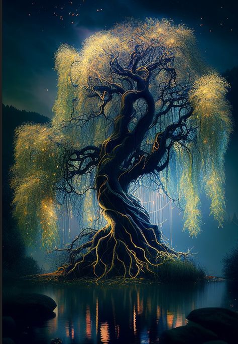 Magical Willow Tree Art, Magic Willow Tree, Magic Tree Fantasy Art, Large Willow Tree, Magic Realm Fantasy Art, Magic Tree Aesthetic, Magical Willow Tree, Large Fantasy Tree, Enchanted Tree Drawing