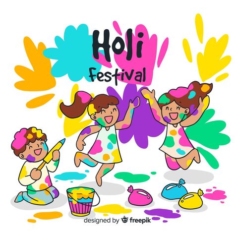 Hand drawn kids holi festival background Free Vector Holi Project For Kids, Happy Holi Drawing For Kids, Holi Scene Drawing, Holi Drawing For Kids Easy, Festival Drawing For Kids, Holi Drawing For Kids, Holi Festival Drawing, Holi Drawing Ideas, Holi Card