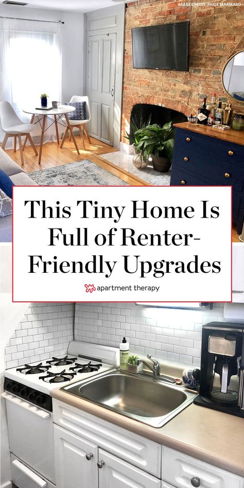 This tiny home is full of renter-friendly upgrades. This apartment's kitchen was given a makeover with white wood and subway tile contact paper. Marble contact paper in the living room makes a dated fireplace feel more modern and sleek.  #TinyHome #SmallSpaces #Renting #RentersHacks #ApartmentIdeas #SmallSpaceIdeas #RentFriendlyUpgrades #DIYIdeas Renter Friendly Kitchen Updates, Rent Friendly Decorating Apartment, Apartment Updates For Renters, Rental Friendly Kitchen Makeover, Rented Apartment Decor, Renter Upgrades, Apartment Friendly Decorating, Rent Friendly Upgrades, Renter Decor