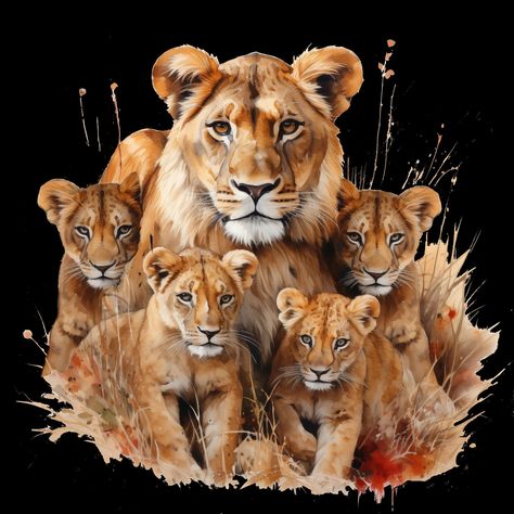 Lioness and four cubs #lionesses #lionlove #lioncubs #sublimationprint #clipart #wildlifelover #wildlifesafari #artjournalpage #greetingcarddesign #illustrationdigital Lioness Images, Lioness And Cub Tattoo, Lioness Quotes, Lioness And Cubs, Cubs Tattoo, Lion Couple, Animal Tattoo Ideas, Lion Family, Lion Artwork