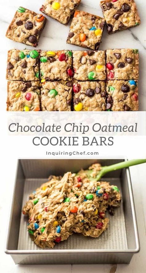 Oatmeal Chocolate Chip Cookie Bars, Soft Oatmeal Cookies, Oatmeal Chocolate Chip Bars, Oatmeal Cookie Bars, 8x8 Pan, Chocolate Chip Bars, Easy Dessert Recipe, Chocolate Chip Cookie Bars, Oatmeal Cookie