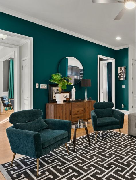 Dark Teal Living Room, Boho Deck, Teal Rooms, Room Color Combination, Teal Living Rooms, Living Room Decor Colors, Teal Walls, Deck Decorating Ideas, Diy Deck