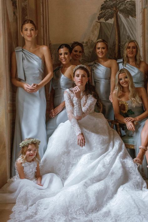 Celebrity Wedding Bridesmaids, Not Traditional Bridesmaid Dresses, French Inspired Bridesmaid Dress, Cool Bridesmaids Photos, Classical Wedding Aesthetic, Catholic Wedding Bridesmaid Dresses, Classic Wedding Bridesmaids, Classic Bridesmaid Dresses Vintage, Bridesmaids With Bride