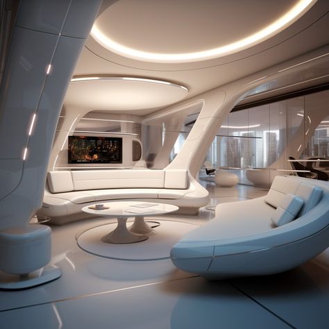 Futuristic Salon Interior Design, Futuristic Couch, Futuristic House Interior, Retro Futurism Interior, Apollo Core, Lotus House, Futuristic Interior Design, 60s Interior, Lcd Units