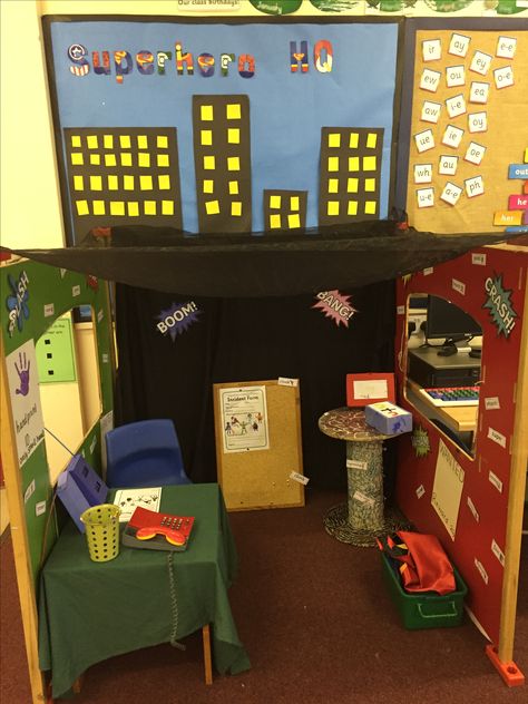 Superhero HQ - role play for KS1 Superhero Dramatic Play, Superhero Role Play Eyfs, Superhero Provision Eyfs, Superhero Role Play Area, Superhero Early Years Activities, Superhero Headquarters, Real Life Superheroes Eyfs, Superhero Small World Play, Kids Role Play