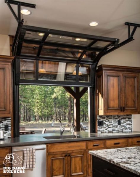 A roll up window in the kitchen would be great for easy access to the outdoor patio for hosting or to simply enjoy the mountain air. Bar En Plein Air, Outdoor Bar And Grill, Outdoor Bar Ideas, Barndominium Interior, Bar Shed, Outdoor Kitchen Bars, Indoor Outdoor Kitchen, The Family Handyman, Bar Patio