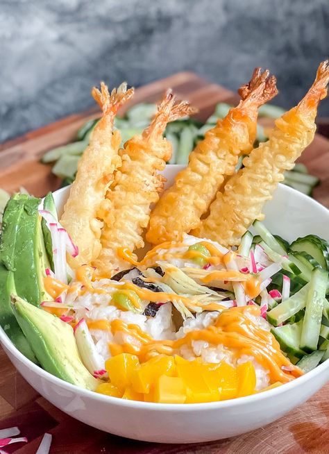 Tempura Shrimp Bowl, Recipe Bowls, Shrimp Tempura Sushi, Chef Table, Tempura Sushi, Shrimp Tempura Roll, Tempura Prawns, Sushi Bowl Recipe, Tempura Recipe