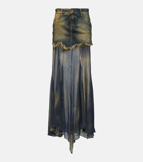 Denim and silk chiffon maxi skirt in multicoloured - Blumarine | Mytheresa Trash Fashion, Look Jean, Chiffon Maxi Skirt, Cute Pants, Fringe Skirt, Upcycled Denim, Fashion 2024, Chiffon Maxi, Edgy Look