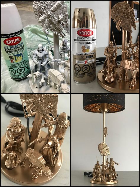 Star Wars action figure lamp DIY Star Wars Lamp Diy, Starwars Living Room Decor, Star Wars Themed Home Office, Star Wars Home Decor Diy, Diy Gifts For Star Wars Fans, Star Wars Dresser Diy, Star Wars Room Ideas Man Caves, Star Wars Furniture Diy, Starwars Decorations Diy