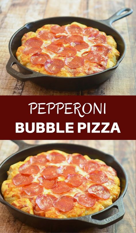 Bubble Pizza is a quick and easy pan pizza made with only 4 ingredients and in less than 30 minutes! It's a fun party or snack option everyone will devour! Bubble Pizza, Cast Iron Skillet Recipes Dinner, Cast Iron Skillet Cooking, Cast Iron Pizza, Recipes Pizza, Pizza Roll, Iron Skillet Recipes, Cast Iron Skillet Recipes, Cast Iron Recipes