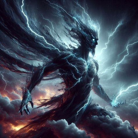 "Lightning Lord" **** #lightning #storm #thunder #clouds #outdoors #naturalworld #landscapes #mystical #enchanting #elemental #nymphs #mythical #magic #magical #primal #power #aiart #digitalart #digitalartwork #digitalillustration #aiartist #masculine #protector #defender #divine #shadow #light #atmosphere Lightning Elemental, Storm Elemental, Elemental Creature, Dnd Gods, Thunder Clouds, Thunder Bolt, Shadow Light, Lightning Storm, Leg Tattoo