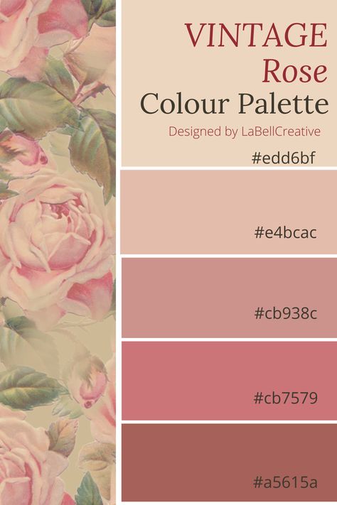 Pink Colour Palette Pastel, Vintage Flower Color Palette, Shabby Chic Palette, Pink Palettes Princess Aesthetic, Princess Core Color Palette, Rose And Sage Color Palette, Vintage Tea Party Color Palette, Vintage Pink Colour Palette, Retro Color Scheme Vintage