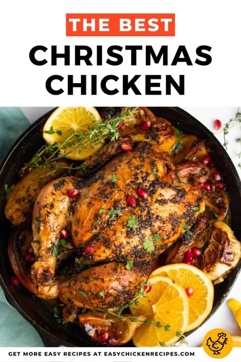 This Christmas chicken is slathered in herb butter and roasted on a bed of oranges, lemons, and garlic and then garnished with pomegranate seeds for tons of fa-la-la-la-flavor! Roasted Chicken For Christmas, Roast Chicken For Christmas, Christmas Chicken Ideas, Christmas Whole Chicken, Whole Chicken Christmas Dinner, Xmas Chicken Recipe, Roasted Chicken Christmas Dinner, Christmas Roasted Chicken, Hanukkah Chicken Recipes