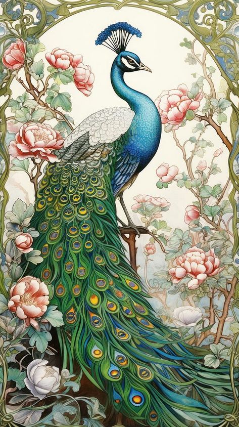 An art nouveau drawing of peafowl painting peacock animal. | premium image by rawpixel.com / Ling Peacock Art Poster, Two Peacocks Drawing, Peacocks Paintings, Peacock Art Painting, Peacock Drawing Images, Art Nouveau Animals, Roses Iphone Wallpaper, Art Nouveau Drawing, Jack Drawing