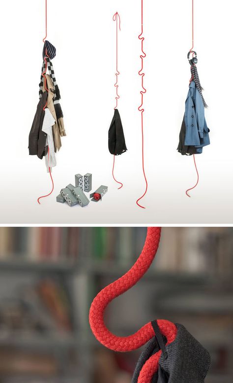 Interior Design Idea - Coat Racks That Hang From The Ceiling // Encased in sturdy rope are five adjustable stainless steel hooks that securely hold your clothes, umbrella, bag, or jacket for you until you’re ready for them later on. Its ropey nature allows it be hung anywhere, from suspended dowels to exposed pipes, even outside! Classy Coat, Fashion Showroom, Hanging Coat Rack, Rack Design, Coat Racks, The Ceiling, Shop Interior Design, Coat Hanger, Clothing Rack