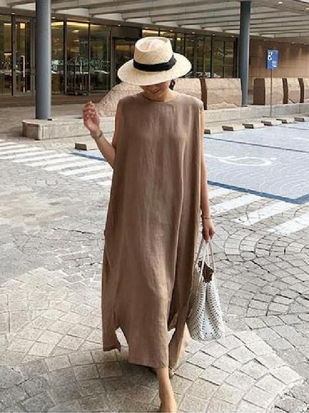 e6d8545daa42d5ced125a4bf747b3688desc52618054ri Green Polka Dot Dress, Linen Fashion, Mode Boho, Cotton Clothes, Sleeveless Long Dress, Linen Maxi Dress, Khaki Dress, Long Summer Dresses, Linen Dresses