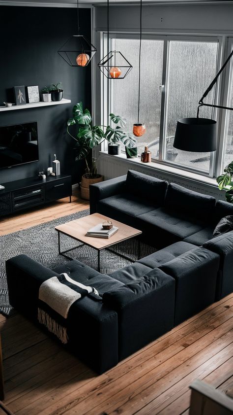 23+ Black Wall Ideas That You Can Watch All Day Long Modern Apartment Decor Minimalist Black, Black Living Room Walls, Men Apartment Decor Living Room, Black Home Interior Design, Black Interior Decor, Black Leather Sofa Living Room Decor, Black Wall Living Room, Black House Interior Design, All Black Living Room