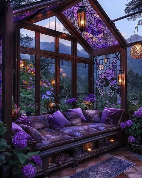 Glass Green House, Purple Furniture, Purple House, Purple Rooms, Fantasy House, Dream House Interior, Gothic House, Landscape Ideas, Sitting Area