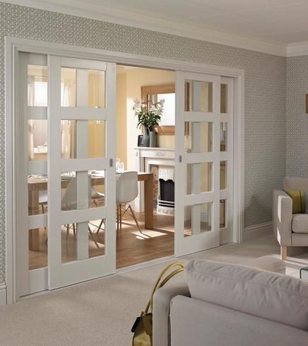 Primed 4 Panel Shaker Glazed | Internal Stile & Rail Doors | Doors & Joinery | Howdens Joinery Internal Sliding Doors, Sliding Door Design, Room Divider Doors, Living Room Door, Remodel Inspiration, Sliding Doors Interior, Room Doors, Internal Doors, Front Room