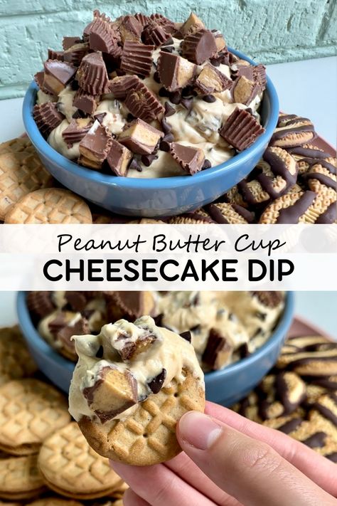 Creamy peanut butter cup cheesecake dip is loaded with peanut butter cups and mini chocolate chips! This is what dessert dip dreams are made of! Peanut Butter Cup Cheesecake Dip, Reese’s Cheesecake Dip, Reese’s Peanut Butter Dip, Reese’s Dip, Reese Cup Dessert, Dipping Desserts, Desert Dips Recipes, Football Desserts Easy, Peanut Butter Cup Dip