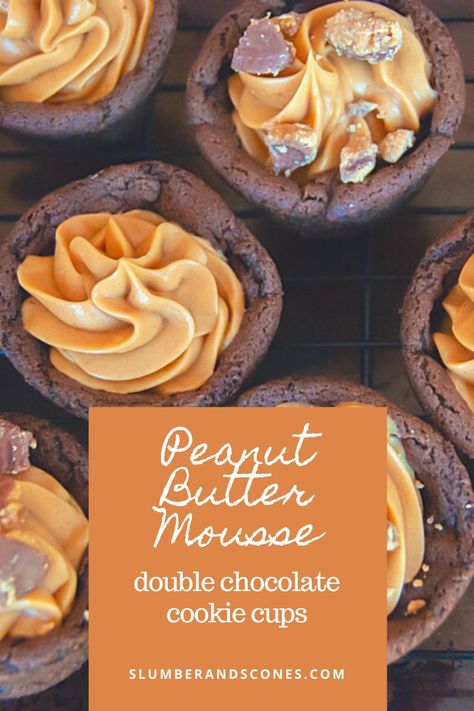 Peanut Butter Mouse, Chocolate Cookie Cups, Chocolate Chip Cookie Cups, Mousse Chocolate, Peanut Butter Mousse, Peanut Butter Cup Cookies, Double Chocolate Cookies, Chocolate Peanut Butter Cookies, Peanut Butter Filling