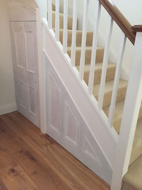 Under stairs panel and door made and fitted ready for painting Under Stair Panelling, Under Stairs Panelling, Industrial Stairs Design, Ideas Under The Stairs, Stair Panelling, Stair Cupboard, Under The Stairs Closet, Cupboard Under Stairs, Door Under Stairs