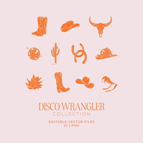 Disco Wrangler Collection * A vibrant, disco-western-inspired suite of illustrations. Disco western-themed graphics--includes cowboy boots & hat, disco ball, cacti and more. Perfect illustrations to aid graphic designers for party invitations - hens party (last rodeo) and birthday party.  Comes in black & white. This listing is an INSTANT DIGITAL DOWNLOAD. NO physical item will be shipped to you. Once you purchase, you will receive a download link and with this link, you can download all the fil Disco Cowgirl Illustration, Disco Ball Illustration Graphic Design, Western Aesthetic Party, Cactus Graphic Design, Retro Cowgirl Bachelorette Party, Western Packaging, Western Disco Party, Rodeo Illustration, Cowboy Boots Illustration