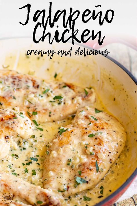 These Creamy Jalapeño Chicken Breasts will make your tastebuds tingle with excitement. The star is the creamy jalapeño sauce that coats the juicy chicken breasts. It's a simple recipe but packs a punch of flavor that will leave you wanting more. The creaminess of the sauce balances the heat from the jalapeños, adding a little kick to the chicken without going overboard. Perfect for your family dinner. Serve it with rice, pasta, or even on its own with a side salad. Jalepeno Chicken Recipes, Mexican Chicken Breast Recipes, Mexican Chicken Breast, Jalapeno Chicken Recipes, Split Breast Chicken Recipes, Chicken Breast Pasta, Spicy Chicken Breast, Creamy Jalapeno Sauce, Creamy Jalapeno