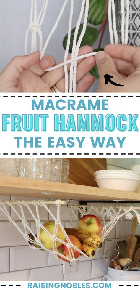 Macrame Bread Hammock, Fruit Holder Macrame, How To Make A Macrame Fruit Hammock, Macrame Fruit And Veggie Holder, Diy Hanging Fruit Hammock, Hammock Fruit Basket, How To Make Macrame Vegetable Hanger, Diy Fruit Hammock Easy, How To Make A Hanging Fruit Basket