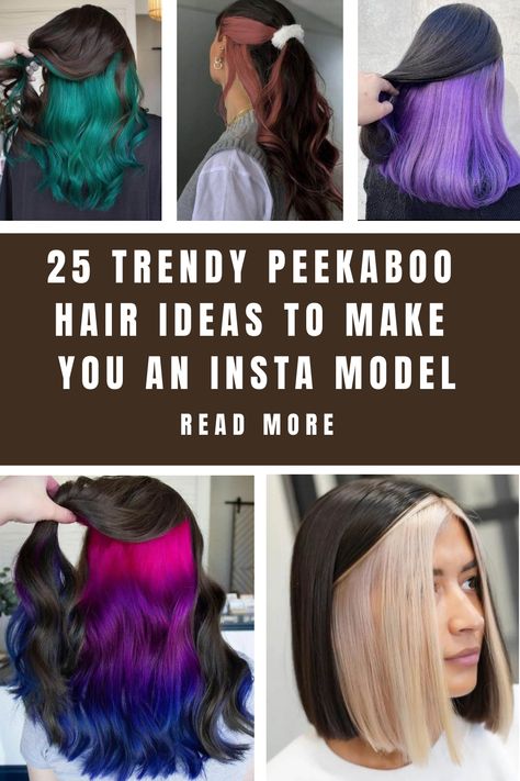 25 Trendy Peekaboo Hair Ideas To Make You An Insta Model Colored Hair Styles Ideas, Two Tone Peekaboo Hair, Peekaboo Hair Color Technique, Hair Coloration Ideas Color Trends, Hair Styles For Peekaboo Hair, Bold Peekaboo Highlights, Multicolored Hair Highlights, Pickaboo Hair Dye, Hair Dye Bottom Half