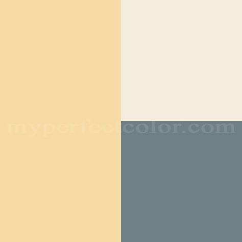 Benjamin Moore- Hawthorne Yellow- Montpelier- Timid White. Created By Vivian Blue House With Yellow Front Door, Yellow Ranch House Exterior, Yellow Beach House Exterior, Yellow Home Exterior, Hawthorne Yellow, Yellow House Exterior, Kitchen Yellow, Yellow Floor, Zyla Colors