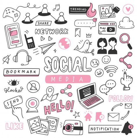 Hand drawn social media doodle set Premium Vector Social Media Doodle, Doodle Doodle, Print Design Template, Rose Gold Texture, Watercolor Paper Texture, Neon Backgrounds, Doodle Icon, Digital Marketing Business, Media Logo