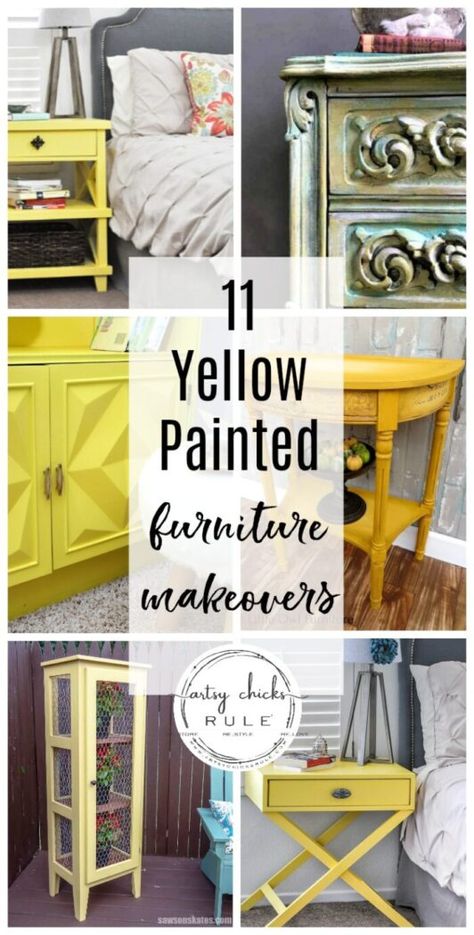 Add a little pop of color, and bring some spring inside, with yellow! Check out these yellow furniture makeovers for beautiful inspiration to get you started. artsychicksrule.com #yellowfurniture #yellowpaintedmakeovers #furnituremakeovers Yellow Vintage Furniture, Distressed Yellow Furniture, Yellow Painted Furniture Ideas, Yellow Furniture Bedroom, Yellow Furniture Paint, Yellow Chalk Paint Furniture, Yellow China Cabinet, Decorating With Yellow, Yellow Nightstand