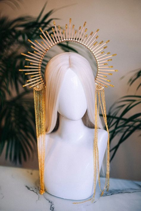 Gold Halo Crown Halo Headpiece Festival Crown Festival - Etsy Canada Crystal Goddess Costume, How To Make A Headpiece, Goddess Headpiece Diy, Sun Head Piece, Zip Tie Headpiece, Goddess Crown Diy, Ziptie Crown, God Headpiece, Diy Halo Crown