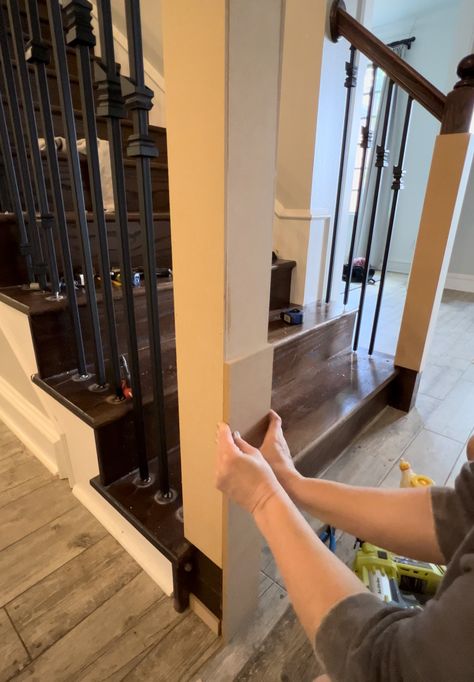 DIY Staircase Makeover - Shanty 2 Chic 90s Oak Staircase Makeover, Diy Stairs Makeover Railings, Cover Stair Railing, Diy Stair Post Makeover, Replace Stair Balusters, Staircase With Black Railing, 2 Story Foyer Wall Ideas, Staircase Covering Ideas, 70s Staircase Makeover