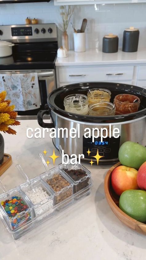 Made this caramel apple bar for a family get together and it was a hit! Pro tip: use cups (as seen) for less drippy mess! Thanks for the tip on the crockpot @samanthabauchmann. Kept everything warm and smooth! 🍎🍏🍁🍂 ✨Caramel Apple Bar✨ -1 (10.8) oz bag Werther’s Original SOFT CARAMELS -1/4 c milk (cream) - oil (I used avocado- 1 tsp per jar) - other dip chips: chocolate chip, white chocolate, peanut butter, butterscotch - apples (I used Granny Smith and Honeycrisp) - toppings: candy car piece Caramel Apple Sundae Bar, Caramel Apple Booth Ideas, Carmel Dip For Apples Crock Pot, Carmel Apple Crockpot, Apple Dipping Station Crockpot, Crock Pot Caramel Apples, Candy Apple Bar Crockpot, Carnal Apple Bar, Caramel Apple Dipping Bar Crockpot