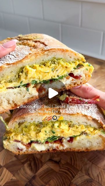 Rachael DeVaux, RD, CPT, PES on Instagram: "Bacon, Egg, and Cheese Breakfast Sammies for a crowd 🤩 you guys are going to LOVE. Perfect family breakfast for Easter this year, make sure to like and save this reel 🤍 then head to rachaelsgoodeats.com for the full recipe - search ‘breakfast sandwich’ ‌ Made with ciabatta bread, goat cheese, pesto, soft scrambled eggs, crispy bacon and arugula 😭 it’s outta control ‌ Send it to someone who would love this 😉 #rachaelsgoodeats #recipe #recipeoftheday #eggs #breakfast #breakfastsandwich #sandwhich #brunch #brunchtime #eattolive #instafood #instafoodie #foodreels #foodofinstagram #protein" Goat Cheese Breakfast Sandwich, Breakfast Ciabatta Sandwich, Ciabatta Egg Sandwich, Ciabatta Sandwich Recipes Breakfast, Scrambled Eggs Sandwich, Ciabatta Bread Recipe Sandwiches, Ciabatta Sandwich Recipes, Gourmet Breakfast Sandwich, Bacon Egg Sandwich