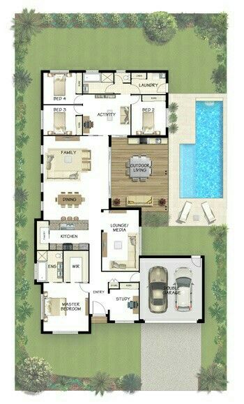 Garage Layout, Block House, House Plans One Story, Home Design Floor Plans, House Layout Plans, House Layout, Kids Bedrooms, Courtyard House, Guest Bed