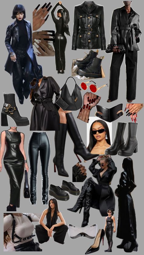 Dark femme fatale mood board Dark Feminine Club Outfits, Mob Wife Jewelry Aesthetic, Dark Famine Aesthetic, Dark Black Feminine Aesthetic, Feme Fatal Outfits, Dark Femme Fatale Outfits, Vampire Fashion Modern, Dark Feminine Style Outfits, Female Fatale Aesthetic Outfits