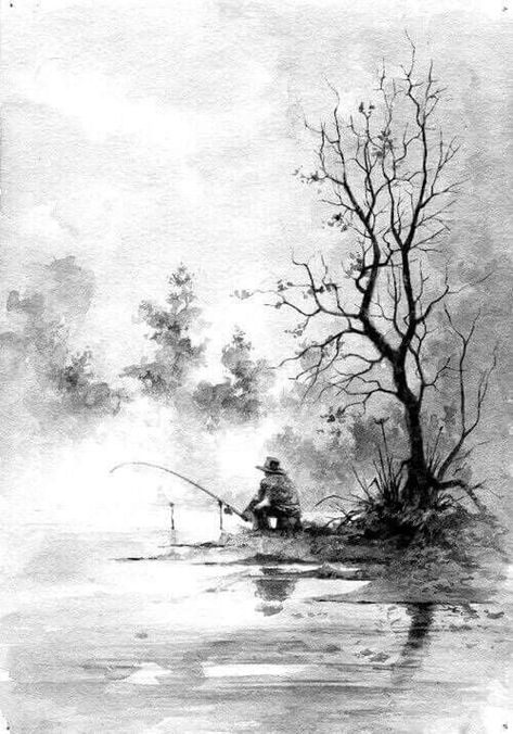 Pencil Sketches Landscape, Man Fishing, Landscape Pencil Drawings, Nature Art Drawings, Nature Sketch, Landscape Sketch, White Drawing, Charcoal Art, Landscape Art Painting