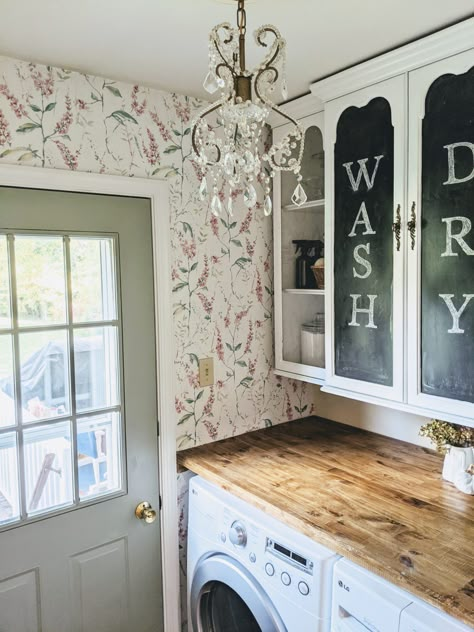 Peel And Stick Wallpaper Laundry, Budget Laundry Room Makeover, Wallpaper Laundry Room, Wallpaper Laundry, Cottage Laundry Room, Diy Laundry Room Makeover, Country Laundry Rooms, Laundy Room, Small Laundry Room Makeover