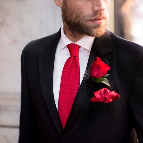 Style tip: Trim your classic black tuxedo with romantic pops of red ties and boutonnieres for ultimate elegance. #MensWearhouse Black Suit Red Tie, Black Suit White Shirt, Suit With Red Tie, White Tuxedo Wedding, Red Tie Men, Prom Tux, All Black Suit, White Tux, Red And White Weddings