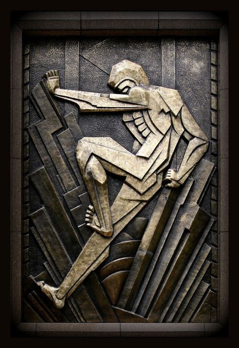 This Art Deco relief from the period reimagines the industrial laborer by combining classical Greek beautification with modern lines.  By Rene Paul Chambellan. Art Deco Typography, Arte Art Deco, Monumental Architecture, Art Deco Paintings, Art Deco Sculpture, Deco Architecture, Deco Poster, Art Deco Buildings, Chrysler Building