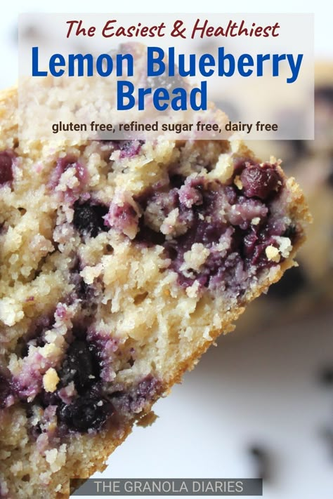 Quick & Healthy Lemon Blueberry Bread - can be ready for the oven in a few minutes, only one bowl required. Its super moist and freezer friendly. Refined sugar free and dairy free. Made with oat flour, coconut oil, honey, lemons, and blueberries! Healthy recipe. #lemonblueberry #glutenfree #lemonblueberrybread Blueberry Bread Gluten Free, Lemon Blueberry Bread Recipe, Healthy Lemon Blueberry, Blueberry Bread Recipe, Oat Flour Recipes, Bread Gluten Free, Sugar Free Snacks, Sugar Free Baking, Lemon Blueberry Bread